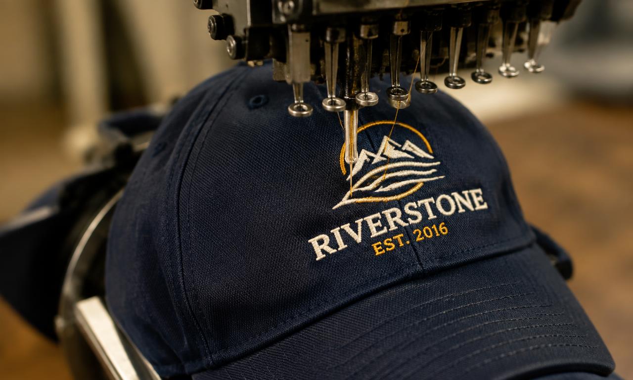 Embroidery machine stitching a logo onto a navy cap